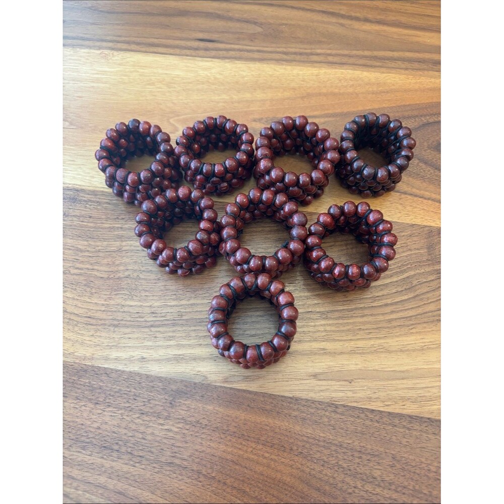 Crate & Barrel Mahogany Wood Red Beaded Napkin Rings Set of 8